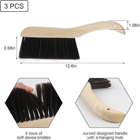 3 قطع من مكنسة الخفق الخشبية فرشاة الغبار مع مقبض خشبي مكنسة يدوية فرشاة ذات شعيرات ناعمة لسرير العداد ومدفأة السيارة المنزلية باللون البني in Kuwait