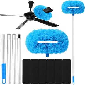 7Pcs Ceiling Fan Clean Set Include Ceiling Fan Cleaner Duster Reusable Removable Microfiber Blade Duster Adjust 13.4 to 55 Inch Extension Pole and 6 Ceiling Fan Filter for Blade Door Window