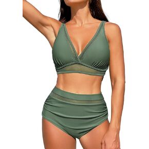 Women High Waist Bikini Sets Two Piece Mesh Tummy Control Bathing Suits Ruched Swimsuits