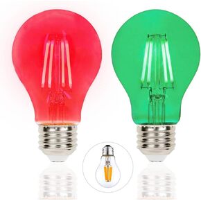 2 Pack Filament LED Red Light Bulbs Green Light Bulb – A19 E26 8W 60 Watt Equivalent Vintage LED Red Bulb LED Green Bulb Decorative Lighting for Party Decoration, Porch, Home, Christmas Light Bulbs