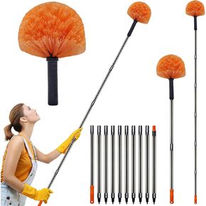 20+ft High Reach Cobweb Duster with 3-14 ft Extension Pole//Spider Web Cleaner Cobweb Brush for Outdoor & Indoor//Lightweight & Sturdy Telescopic Pole //Soft Bristles. (Orange)