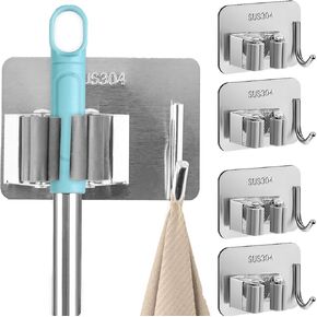 Stainless Steel Self Adhesive Broom Holder Wall Mount, 4PCS, No Drilling, Anti-Slip Mop and Cleaning Supplies Organizer Hanger (4)