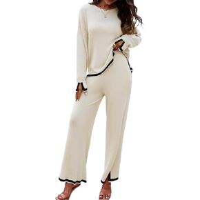 Woolicity NEW Womens 2 Piece Sweatsuit Set Outfits Long Sleeve Knit Sweater Top Wide Leg Pants Lounge Sets Tracksuits Set