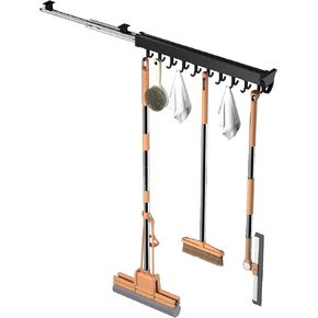 Pull-out Mop and Broom Holder,Aluminium Alloy Slide Broom Closet Organizer Hanging Garage Storage Rack with 20 Hooks for Home Kitchen Wardrobe
