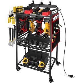 Power Tool Organizer Cart w/Charging Station, 8 AC Outlets, 8 Drills Holders, 3-Layer Storage Shelves, 4 Wheels w/Brake, More Space for Plier, Screwdriver, Hammer, Wrench, etc (Black)