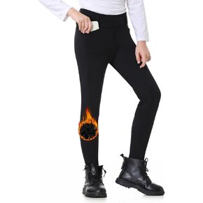 Kids Horse Riding Pants Winter Fleece Lined Girls Equestrian Breeches Knee-Patch Horseback Tights with Pockets