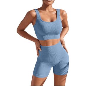 SOLY HUX Women's Workout Outfits Ribbed High Waist Leggings with Sports Bra Tank Tops 2 Piece Tracksuits