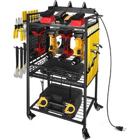 Power Tool Organizer Cart w/Charging Station, 8 AC Outlets, 8 Drills Holders, 3-Layer Storage Shelves, 4 Wheels w/Brake, More Space for Plier, Screwdriver, Hammer, Wrench, etc (Black)