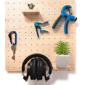 Wooden Pegboard - Modular Wood Wall Organizer Panels - Display with 2 Shelves, 2 Boards and 8 Pegs – Peg Storage for Kitchen Garage Office Dorm Room - Complete with 3 Wall Hooks