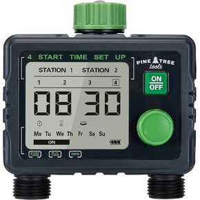 Pine Tree Tools Hose Timer - Programmable Water Timer for Garden Hose, Automatic & Manual Watering System, Outdoor Faucet Timer for Lawn, Garden & Yard, Battery Operated, 2 Outlet Hose Watering Timer