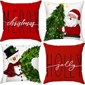 Brightown Red Christmas Pillow Covers 18x18 Set of 4 Christmas Decorations Winter Holiday Decor Throw Cushion Case for Home Couch