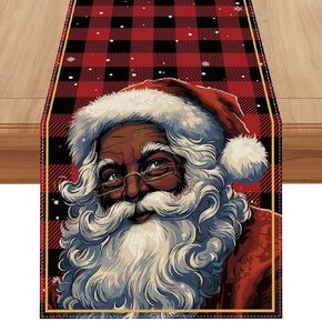 Jiudungs Linen Red and Black Buffalo Plaid Black Santa Christmas Table Runner 72 Inches Long African American Christmas Xmas Winter Holiday Table Decorations