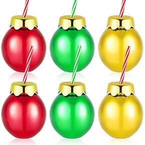 Suclain 12oz Christmas Light Bulb Cups with Lids and Straws Reusable Light Bulb Cups Xmas Ball Shaped Plastic Drinking Cups for Kids Holiday Party Supplies(Gold, Green, Red, Silver,12 Pcs)