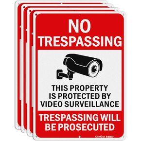 GicnKeuz Video Surveillance Signs, 10x7 Inches No Trespassing Sign Private Property Sign, Security Camera Sign, Rust Free .040 Aluminum, Reflective, Fade Resistant,Indoor or Outdoor Use (4-Pack)