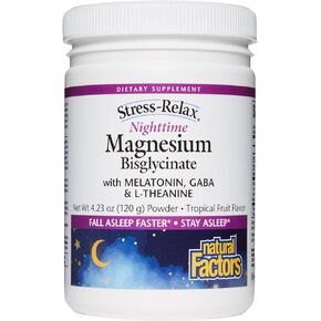 Natural Factors Stress-Relax Nighttime Magnesium Bisglycinate Powder with Melatonin, L-Theanine and Pharma GABA, Supports Sleep & Relaxation, Tropical Flavor, 4.23 oz Powder