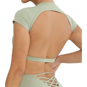 Women's Open Back Workout Tops Backless Sports Top Medium Support Crop Tops Short Sleeve Shirt Going Out Tee with Bra