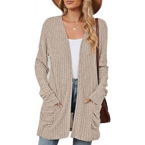 Les umes Womens Open Front Lightweight Knit Cardigans V Neck Loose Long Sleeve Sweaters with Pockets