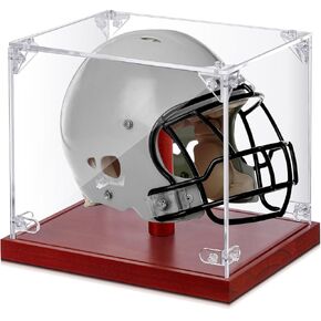حافظة عرض خوذة صغيرة من الأكريليك الشفاف لخوذة كرة القدم الصغيرة حافظة عرض للحماية من الأشعة فوق البنفسجية حجم صغير حامل خوذة كرة القدم مع قاعدة خشبية لمقتنيات التذكارات in Kuwait