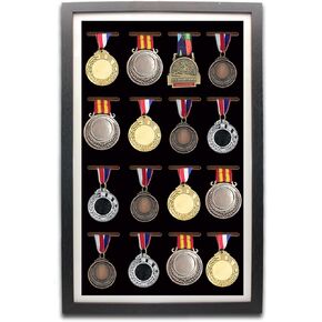 Medal Display Frame - Medal Display Shadow Box - 16 Medal Display case - Perfect Medal Display for Runners, Marathon, RECE Winner, Football, Gymnastics & All Sports (Black)