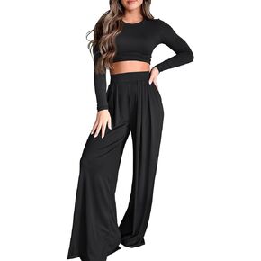 Womens 2 Piece Lounge Sets Fall Long Sleeve Crop Tops Two Piece Outfits Wide Leg Palazzo Pants Set Matching Tracksuits