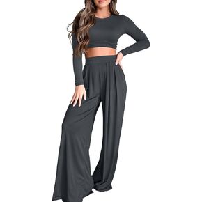 Womens 2 Piece Lounge Sets Fall Long Sleeve Crop Tops Two Piece Outfits Wide Leg Palazzo Pants Set Matching Tracksuits