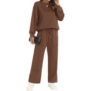 Womens 2 Piece Outfits Fall Sets Sweatsuits Long Sleeve Pullover Tops Drawstring Wide Leg Pants Textured Lounge Sets
