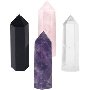 3" Crystal Wands,6 Faceted Reiki Amethyst Crystal, Rose Quartz,Clear Quartz and Black Obsidian Crystal Quarz Points for Meditation Therapy