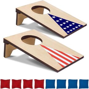 2PCS Mini Tabletop Cornhole Boards, 4.7" W x 7.7" L Wooden Flag Desktop Toss Game with 8 Bean Bags, Portable Game Set for Travel Home Office