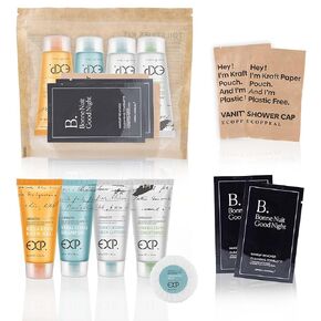 Guestsupply Kits 8-Piece with Travel Size TSA Compliant Essentials, Featuring: Shampoo Conditioner Shower Gel Body Lotion Soap bar Shower Cap Makeup Removers in Sealable Bag. 30 Disposable Toiletries.