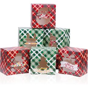 SUMERSHA 24 Pack Christmas Cookie Boxes with Window Xmas Bakery Boxes Christmas Treat Boxes for Cupcakes Cookies Brownies Donuts Pastries Holiday Gift Giving