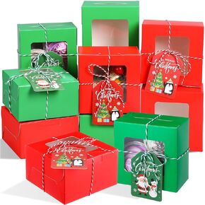 Maxcheck 50 Pcs Christmas Cookie Boxes with Window 4 x 4 x 2.8 Inches Bakery Boxes Cupcake Boxes with Rope and Card Small Treat Boxes for Mini Cake Pastry Dessert Cupcakes Candy Donut Packaging