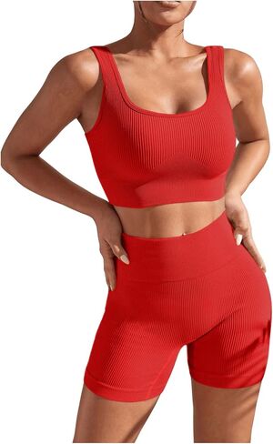 SOLY HUX Women's Workout Outfits Ribbed High Waist Leggings with Sports Bra Tank Tops 2 Piece Tracksuits in Kuwait