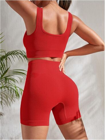 SOLY HUX Women's Workout Outfits Ribbed High Waist Leggings with Sports Bra Tank Tops 2 Piece Tracksuits in Kuwait