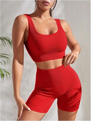 SOLY HUX Women's Workout Outfits Ribbed High Waist Leggings with Sports Bra Tank Tops 2 Piece Tracksuits in Kuwait