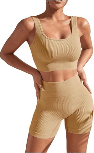 SOLY HUX Women's Workout Outfits Ribbed High Waist Leggings with Sports Bra Tank Tops 2 Piece Tracksuits in Kuwait