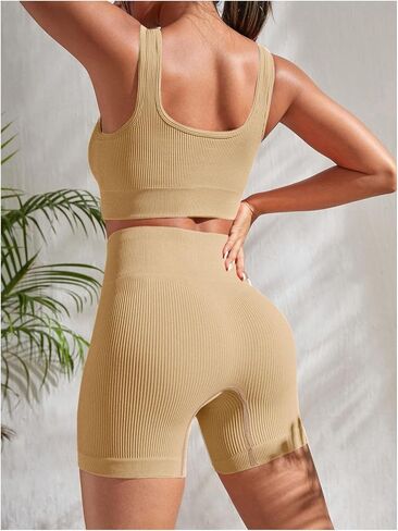 SOLY HUX Women's Workout Outfits Ribbed High Waist Leggings with Sports Bra Tank Tops 2 Piece Tracksuits in Kuwait