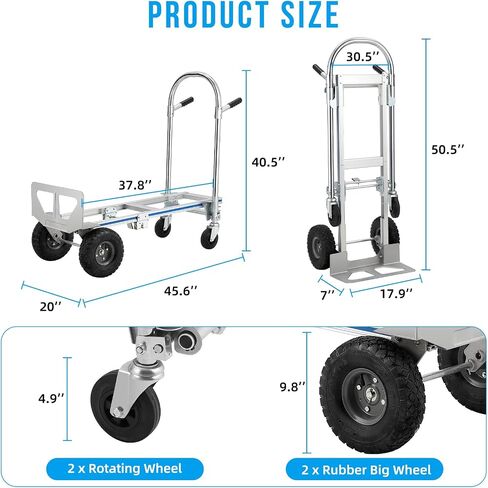 Convertible Hand Truck Dolly Platform Cart, Heavy Duty Industrial Collapsible Cart, Aluminum Dolly Cart with 2 Rubber Wheels & 2 Rotate Wheels for Luggage Moving Warehouse Supermarket in Saudi Arabia