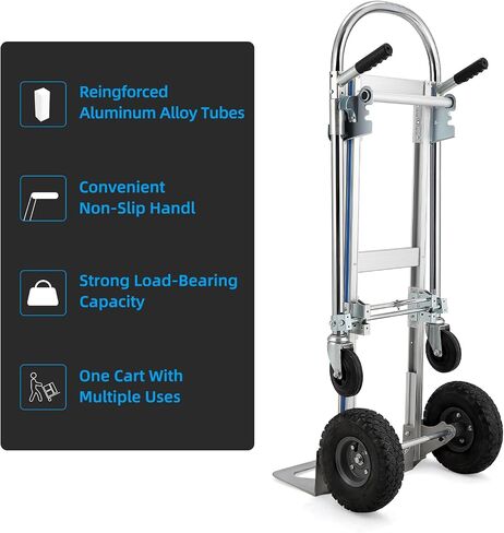 Convertible Hand Truck Dolly Platform Cart, Heavy Duty Industrial Collapsible Cart, Aluminum Dolly Cart with 2 Rubber Wheels & 2 Rotate Wheels for Luggage Moving Warehouse Supermarket in Saudi Arabia