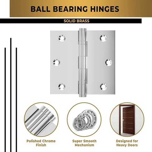 Solid Brass Chrome Door Hinge Heavy Duty Ball Bearing Shiny Silver 3.5 x 3.5 Inch - Set of 3 Hinges (Polished Chrome) in Saudi Arabia