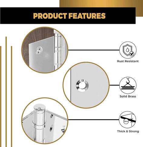 Solid Brass Chrome Door Hinge Heavy Duty Ball Bearing Shiny Silver 3.5 x 3.5 Inch - Set of 3 Hinges (Polished Chrome) in Saudi Arabia