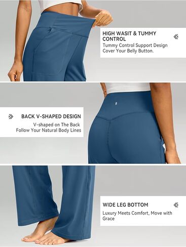 سراويل Soothfeel واسعة الساق للنساء، سراويل عمل اليوغا مع جيوب، سراويل رياضية عالية الخصر، سراويل صغيرة/طويلة 30 بوصة (أزرق مترب، XL) in Kuwait