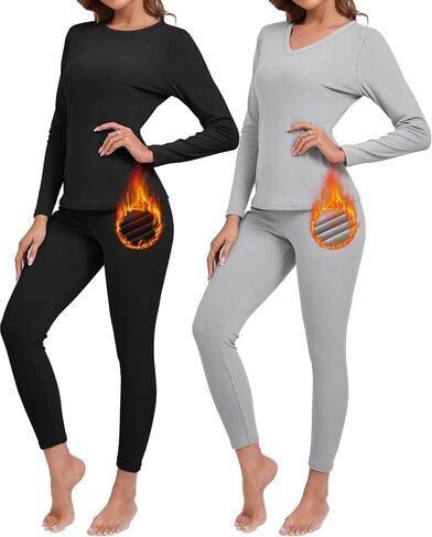Riyiper 2 Set Women's Thermal Underwear Fleece Lined Long Sleeves Base Layer Winter Warm Johns Top Bottom for Cold Weather in Saudi Arabia