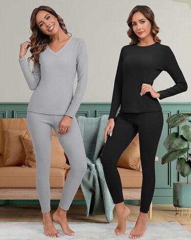 Riyiper 2 Set Women's Thermal Underwear Fleece Lined Long Sleeves Base Layer Winter Warm Johns Top Bottom for Cold Weather in Saudi Arabia