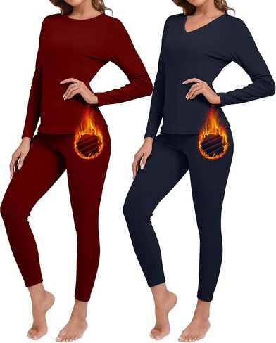 Riyiper 2 Set Women's Thermal Underwear Fleece Lined Long Sleeves Base Layer Winter Warm Johns Top Bottom for Cold Weather in Saudi Arabia