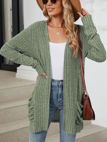 Les umes Womens Open Front Lightweight Knit Cardigans V Neck Loose Long Sleeve Sweaters with Pockets in Kuwait