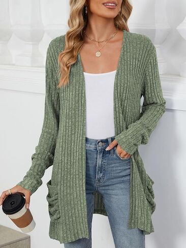 Les umes Womens Open Front Lightweight Knit Cardigans V Neck Loose Long Sleeve Sweaters with Pockets in Kuwait