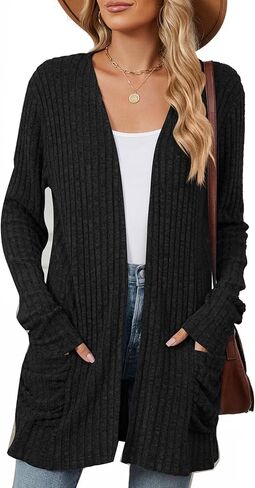 Les umes Womens Open Front Lightweight Knit Cardigans V Neck Loose Long Sleeve Sweaters with Pockets in Kuwait
