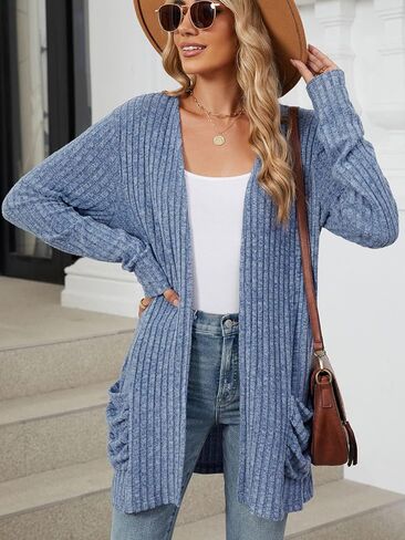 Les umes Womens Open Front Lightweight Knit Cardigans V Neck Loose Long Sleeve Sweaters with Pockets in Kuwait