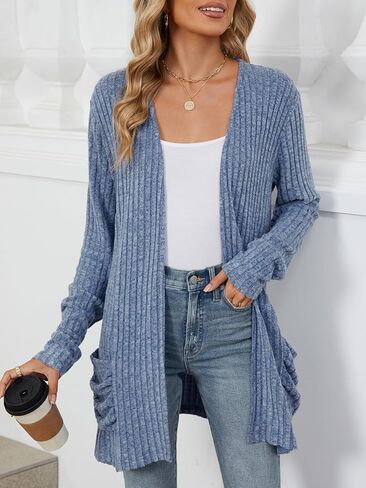 Les umes Womens Open Front Lightweight Knit Cardigans V Neck Loose Long Sleeve Sweaters with Pockets in Kuwait