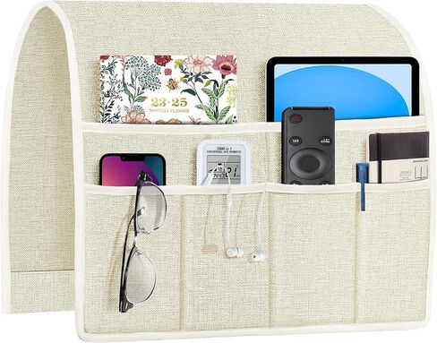 Joywell Couch Remote Holder Sofa Armrest Organizer Non Slip Arm Chair Caddie for Recliner with 6 Pocket Storage for Magazine, Tablet, Phone, iPad, Beige White in Saudi Arabia